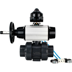 Кран шаровой BV4242E-FP-GRM-ISO Дн32 Ру10 полнопроходной, корпус - НПВХ, шар - НПВХ, уплотнение - EPDM, с пневмоприводом PA-DA-105-1, пневмораспределителем 4V320-08 AC220V и БКВ APL-510N EX