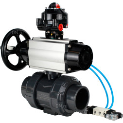 Кран шаровой BV4242E-FP-GRM-ISO Дн32 Ру10 полнопроходной, корпус - НПВХ, шар - НПВХ, уплотнение - EPDM, с пневмоприводом PA-DA-105-1, пневмораспределителем 4V320-08 AC220V и БКВ APL-510N EX