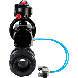 Кран шаровой BV4242E-FP-GRM-ISO Дн32 Ру10 полнопроходной, корпус - НПВХ, шар - НПВХ, уплотнение - EPDM, с пневмоприводом PA-DA-105-1, пневмораспределителем 4V320-08 AC220V и БКВ APL-510N EX