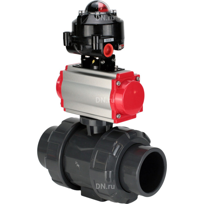 Кран шаровой BV4242E-FP-GRM-ISO Дн40 Ру10 полнопроходной, корпус - НПВХ, шар - НПВХ, уплотнение - EPDM, с пневмоприводом PA-SA-065 и БКВ APL-510N EX в Омске
