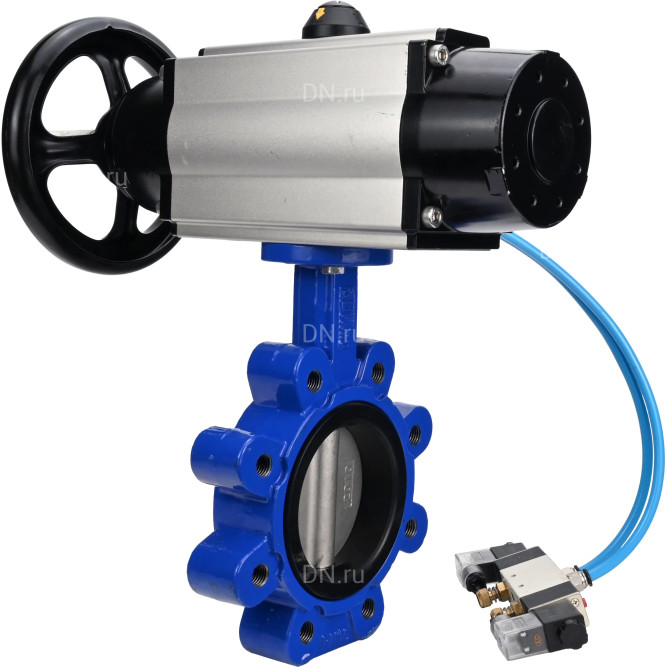 Затвор дисковый поворотный WBV1631N-2W-Fb-H Ду125 Ру16 LUG корпус - чугун QT450, диск - нержавеющая сталь 304, уплотнение - NBR, с пневмоприводом PA-DA-105-1 и пневмораспределителем 4V320-10 AC220V в Омске