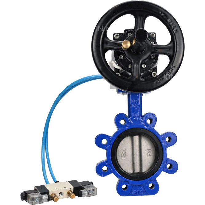 Затвор дисковый поворотный WBV1631N-2W-Fb-H Ду125 Ру16 LUG корпус - чугун QT450, диск - нержавеющая сталь 304, уплотнение - NBR, с пневмоприводом PA-DA-105-1 и пневмораспределителем 4V320-10 AC220V в Омске