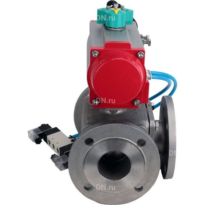 Кран шаровой BV3232P(4pc)-FP-3WL-F-ISO-H Ду20 Ру16 полнопроходной трехходовой L-тип, фланцевый, корпус - нержавеющая сталь SS316, PTFE, с пневмоприводом PA-DA-052, пневмораспределителем 4V320-10 AC220V и магнитным переключателем ALS200D в Омске