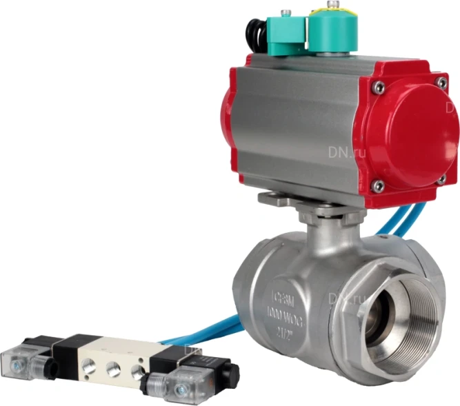 Кран шаровой BV3232P(4pc)-SP-3WL-T-ISO-H Ду32 Ру63 стандартнопроходной L-тип, внутренняя резьба, корпус - нержавеющая сталь 316, PTFE, с пневмоприводом PA-DA-052, пневмораспределителем 4V320-08 AC220V и магнитным переключателем ALS200D в Омске