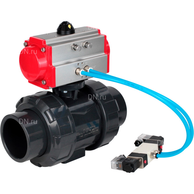 Кран шаровой BV4242E-FP-GRM-ISO Дн25 Ру10 полнопроходной, корпус - НПВХ, шар - НПВХ, уплотнение - EPDM, с пневмоприводом PA-SA-052 и пневмораспределителем 4V320-10 AC220V в Омске