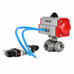 Кран шаровой BV3232P(4pc)-SP-3WT-T-ISO-H WDVF Ду25 Ру63 стандартнопроходной, 3-ходовой Т-тип, внутренняя резьба, корпус - нержавеющая сталь AISI 316, уплотнение - PTFE, с пневмоприводом PA-DA-065 и пневмораспределителем 4V320-08 AC220V