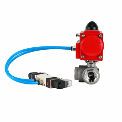 Кран шаровой BV3232P(4pc)-SP-3WT-T-ISO-H WDVF Ду25 Ру63 стандартнопроходной, 3-ходовой Т-тип, внутренняя резьба, корпус - нержавеющая сталь AISI 316, уплотнение - PTFE, с пневмоприводом PA-DA-065 и пневмораспределителем 4V320-08 AC220V
