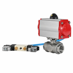 Кран шаровой BV3232P(4pc)-SP-3WT-T-ISO-H WDVF Ду25 Ру63 стандартнопроходной, 3-ходовой Т-тип, внутренняя резьба, корпус - нержавеющая сталь AISI 316, уплотнение - PTFE, с пневмоприводом PA-DA-065 и пневмораспределителем 4V320-08 AC220V