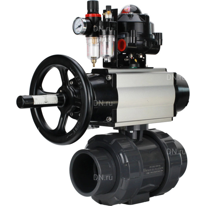 Кран шаровой BV4242E-FP-GRM-ISO Дн15 Ру10 полнопроходной, корпус - НПВХ, шар - НПВХ, уплотнение - EPDM, с пневмоприводом PA-DA-105-1, пневмораспределителем 4M310-08 AC220V, БКВ APL-510N EX и БПВ AFC2000 в Омске