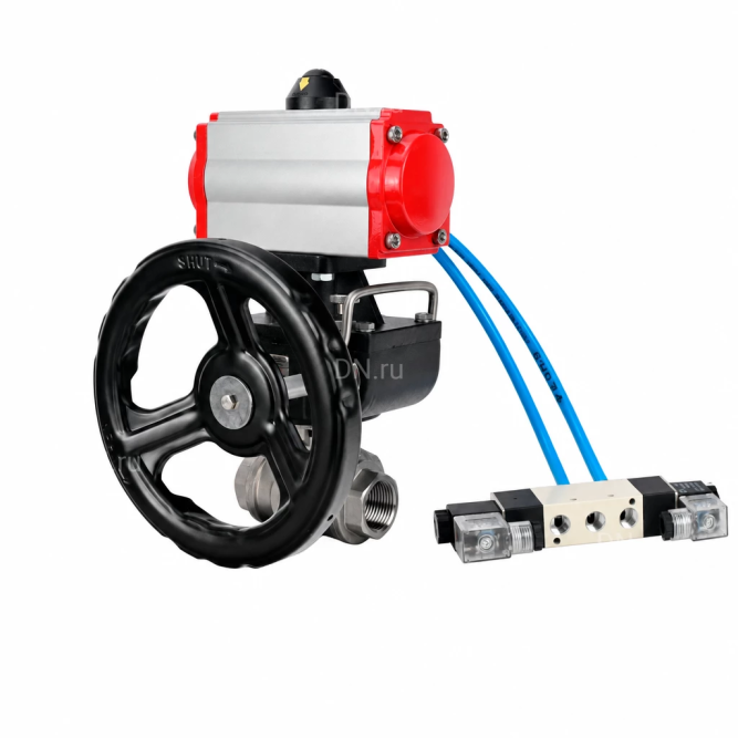 Кран шаровой BV3232P(4pc)-SP-3WT-T-ISO-H WDVF Ду25 Ру63 стандартнопроходной, 3-ходовой Т-тип, внутренняя резьба, нержавеющая сталь AISI 316, с пневмоприводом PA-DA-065, пневмораспределителем 4V320-08 AC220V и ручным дублером MON1-250-T26-ISO в Омске