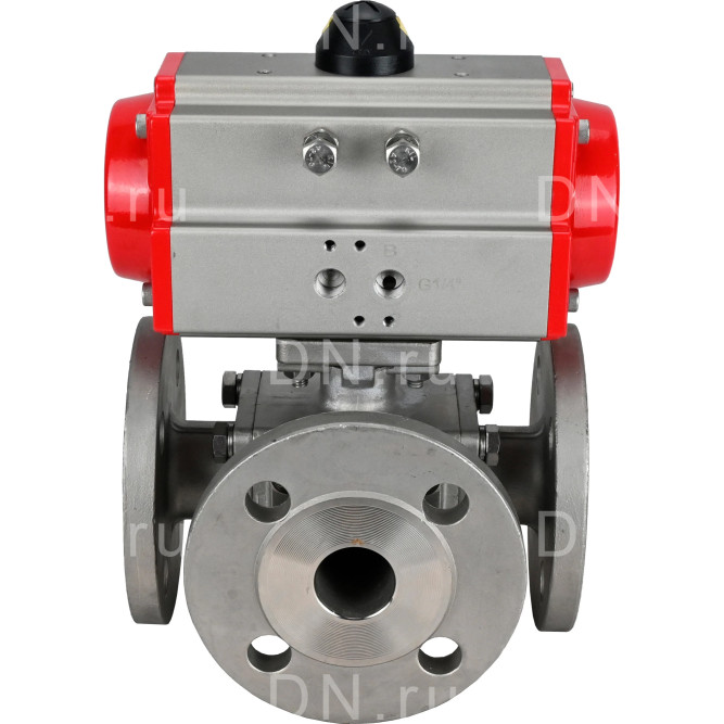 Кран шаровой BV3232P(4pc)-FP-3WL-F Ду25 Ру16 полнопроходной трехходовой, фланцевый, корпус - нержавеющая сталь SS316, с пневмоприводом PA-DA-052 двойного действия в Омске