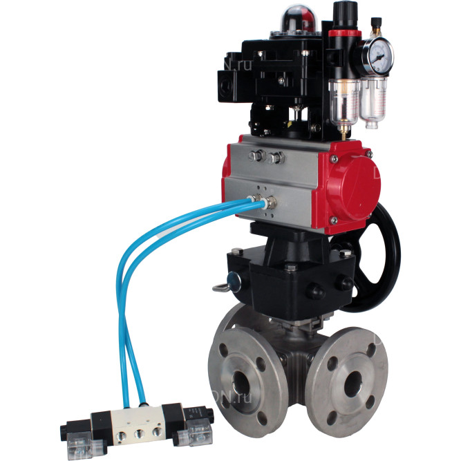 Кран шаровой BV3232P(4pc)-FP-3WL-F Ду65 Ру16 полнопроходной трехходовой, фланцевый, нержав.сталь SS316, с пневмоприводом PA-DA-083, пневмораспределителем 4V320-08 AC220V, БКВ APL-410N EX, ручным дублером MON2-450-T28-ISO и БПВ AFC2000 в Омске