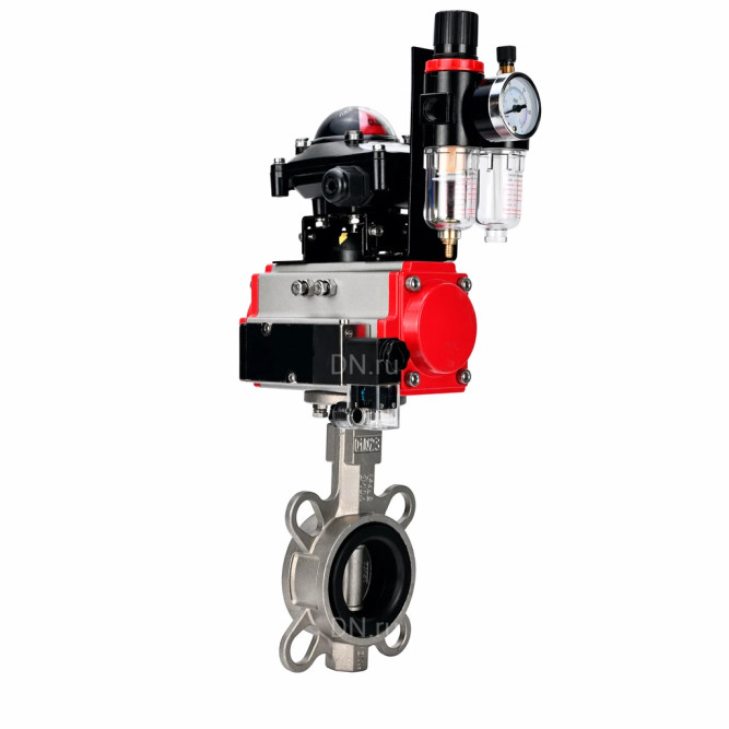 Затвор дисковый поворотный WBV3232V-2W-Fb-H Ду150 Ру16, корпус - нержавеющая сталь 316L, диск - нержавеющая сталь 316L, уплотнение - VITON, с пневмоприводом PA-SA-130, пневмораспределителем 4M310-08 DC24V, БКВ APL-210N и БПВ AFC2000 в Омске