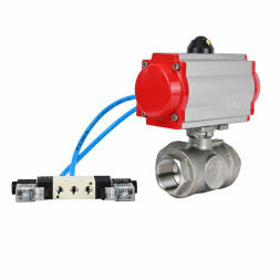 Кран шаровой BV3232P(4pc)-SP-3WL-T-ISO-H WDVF Ду32 Ру63 стандартнопроходной, 3-ходовой L-тип, внутренняя резьба, корпус - нержавеющая сталь AISI 316, уплотнение - PTFE, с пневмоприводом PA-DA-083 и пневмораспределителем 4V320-08 AC220V