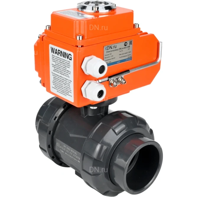 Кран шаровой BV4242E-FP-GRM-ISO Дн15 Ру10 полнопроходной, клеевой с разборным муфтовым соединением, корпус - НПВХ, шар - НПВХ, уплотнение - EPDM, с электроприводом QT-N-003EM-O1-24VDC-У1 HARK в Омске