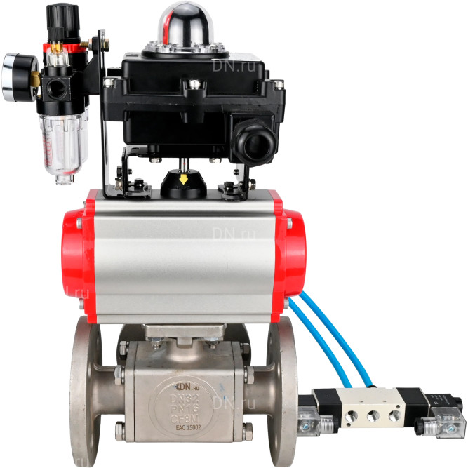 Кран шаровой BV3232P(4pc)-FP-3WL-F Ду15 Ру16 полнопроходной трехходовой, фланцевый, корпус - нержавеющая сталь SS316, с пневмоприводом PA-DA-052 двойного действия, пневмораспределителем 4V320-10 AC220V, БКВ APL-410N EX и БПВ AFC2000 в Омске