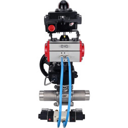 Кран шаровой BV3131P(3pc)-FP-W-ISO-H LONG Ду15 Ру63, полнопроходной, нержавеющая сталь 304, уплотнение - PTFE, под приварку, с пневмоприводом PA-DA-052, с пневмораспределителем 4V320-08 AC220V, БКВ APL-410N Ex, ручным дублером MON1-250-T26-ISO