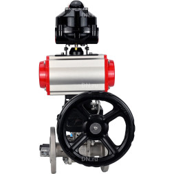 Кран шаровой BV3232P(3pc)-FP-F-ISO-H Ду100 Ру16 фланцевый, полнопроходной, трехсоставной, корпус - нерж.сталь SS316, уплотнение - PTFE, с пн.приводом PA-DA-130 пн.распределителем 4V320-08 AC220V редуктором MON3-700-T38-ISO БКВ APL-510N-EX