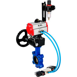 Затвор дисковый поворотный WBV1616E-2W-Fb-H Ду150 Ру16 LUG, корпус - чугун QT450, диск - чугун QT450, уплотнение - EPDM, с пневмоприводом PA-DA-105, пневмораспределителем 4M320-10 AC220V, ручным дублером MON3-700-T38-ISO и БПВ AFC2000