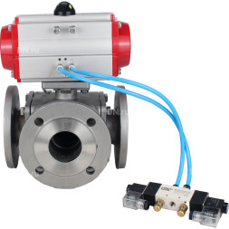 Кран шаровой BV3232P(4pc)-FP-3WL-F Ду50 Ру16 полнопроходной трехходовой, фланцевый, корпус - нержавеющая сталь SS316, с пневмоприводом PA-SA-105 с возвратными пружинами и пневмораспределителем 4V320-10 AC220V