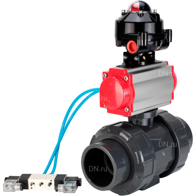 Кран шаровой BV4242E-FP-GRM-ISO Дн15 Ру10 полнопроходной, корпус - НПВХ, шар - НПВХ, уплотнение - EPDM, с пневмоприводом PA-DA-052, пневмораспределителем 4V320-10 AC220V и БКВ APL-510N EX в Омске