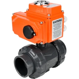 Кран шаровой BV4242E-FP-GRM-ISO Дн40 Ру10 полнопроходной, клеевой с разборным муфтовым соединением, корпус - НПВХ, шар - НПВХ, уплотнение - EPDM, с электроприводом QT-N-003EM-O1-24VDC-У1 HARK