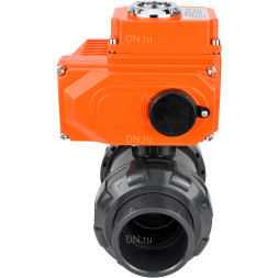 Кран шаровой BV4242E-FP-GRM-ISO Дн40 Ру10 полнопроходной, клеевой с разборным муфтовым соединением, корпус - НПВХ, шар - НПВХ, уплотнение - EPDM, с электроприводом QT-N-003EM-O1-24VDC-У1 HARK