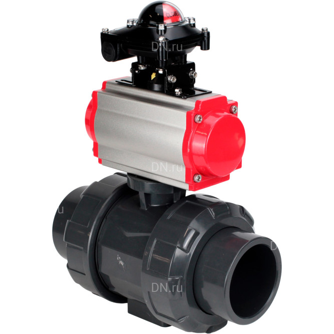 Кран шаровой BV4242E-FP-GRM-ISO Дн65 Ру10 полнопроходной, корпус - НПВХ, шар - НПВХ, уплотнение - EPDM, с пневмоприводом PA-SA-065, пневмораспределителем 4M310-08 AC220V и БКВ APL-210N в Омске