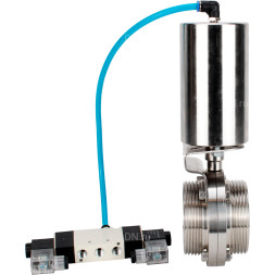 Затвор дисковый поворотный WBV3131E-2W-T-H Ду40 Ру10 резьбовой, пищевая нержавеющая сталь 304, уплотнение – EPDM, с пневмоприводом PA-SA-85 и пневмораспределителем 4V320-10 AC220V