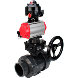 Кран шаровой BV4242E-FP-GRM-ISO Дн32 Ру10 полнопроходной, корпус - НПВХ, шар - НПВХ, уплотнение - EPDM, с пневмоприводом PA-DA-052, пневмораспределителем 4M310-08 DC24V, ручным дублером MON1-250-T26-ISO и БКВ APL-510N EX