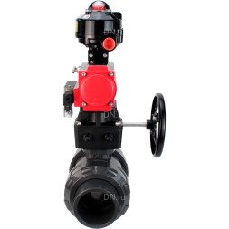 Кран шаровой BV4242E-FP-GRM-ISO Дн32 Ру10 полнопроходной, корпус - НПВХ, шар - НПВХ, уплотнение - EPDM, с пневмоприводом PA-DA-052, пневмораспределителем 4M310-08 DC24V, ручным дублером MON1-250-T26-ISO и БКВ APL-510N EX
