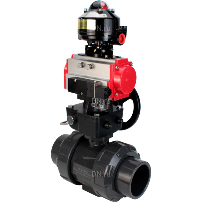 Кран шаровой BV4242E-FP-GRM-ISO Дн32 Ру10 полнопроходной, корпус - НПВХ, шар - НПВХ, уплотнение - EPDM, с пневмоприводом PA-DA-052, пневмораспределителем 4M310-08 DC24V, ручным дублером MON1-250-T26-ISO и БКВ APL-510N EX в Омске