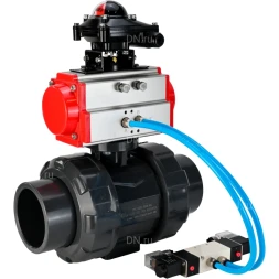 Кран шаровой BV4242E-FP-GRM-ISO Дн20 Ру10 полнопроходной, корпус - НПВХ, шар - НПВХ, уплотнение - EPDM, с пневмоприводом PA-SA-052, пневмораспределителем 4V320-10 AC220V и БКВ APL-210N