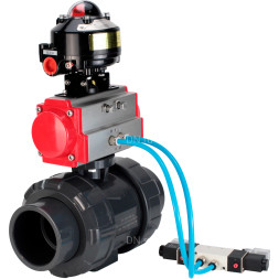 Кран шаровой BV4242E-FP-GRM-ISO Дн25 Ру10 полнопроходной, корпус - НПВХ, шар - НПВХ, уплотнение - EPDM, с пневмоприводом PA-DA-052, пневмораспределителем 4V320-10 AC220V и БКВ APL-510N EX