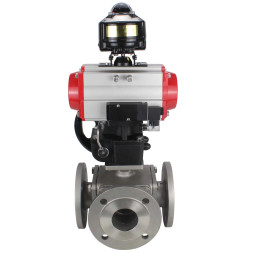 Кран шаровой BV3232P(4pc)-FP-3WL-F Ду15 Ру16 полнопроходной трехходовой, фланцевый, корпус - нержав.сталь SS316, пневмопривод PA-DA-052 двойн.действия, пневмораспределитель 4M310-08 DC24V, БКВ APL-510N EX и ручной дублер MON1-250-T26-ISO
