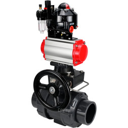 Кран шаровой BV4242E-FP-GRM-ISO Дн25 Ру10 полнопроходной, корпус - НПВХ, шар - НПВХ, уплотнение - EPDM, с пневмоприводом PA-DA-052, пневмораспределителем 4M310-08 AC220V, ручным дублером MON1-250-T26-ISO, БКВ APL-510N EX и БПВ AFC2000