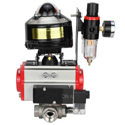 Кран шаровой BV3232P(4pc)-SP-3WL-T-ISO-H 1 1/4″ Ду32 Ру63 стандартнопроходной трехходовой L-тип, нержавеющая сталь SS316, внутренняя резьба, уплотнение - PTFE, пн.привод PA-DA-052 пн.распределитель 4M310-08 DC24V БПВ AFC2000 БКВ APL-510N-EX