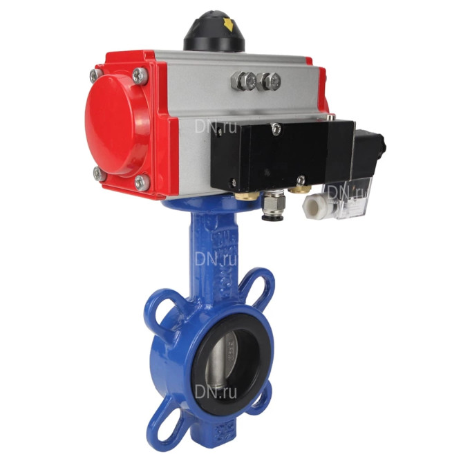 Затвор дисковый поворотный WBV3432N-2W-Fb-H Ду40 Ру16, корпус - углеродистая сталь WCB, диск - нержавеющая сталь 316L, уплотнение - NBR, с пневмоприводом PA-SA-083 и пневмораспределителем 4M310-08 DC24V в Омске
