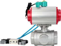 Кран шаровой BV3232P(4pc)-SP-3WL-T-ISO-H Ду25 Ру63 стандартнопроходной L-тип, внутренняя резьба, корпус - нержавеющая сталь 316, PTFE, с пневмоприводом PA-DA-052, пневмораспределителем 4V320-10 AC220V и магнитным переключателем ALS200D