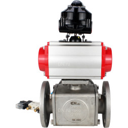 Кран шаровой BV3232P(4pc)-FP-3WL-F Ду65 Ру16 полнопроходной трехходовой, фланцевый, корпус - нержавеющая сталь SS316, с пневмоприводом PA-DA-083 двойного действия, пневмораспределителем 4V320-10 AC220V и БКВ APL-510N EX