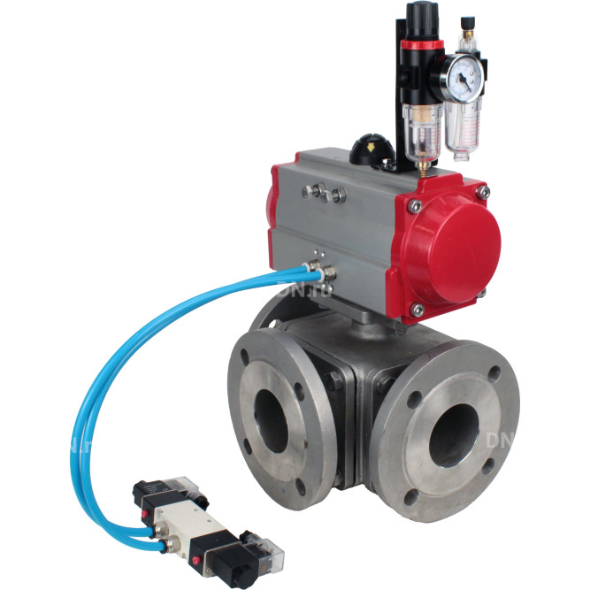 Кран шаровой BV3232P(4pc)-FP-3WL-F Ду32 Ру16 полнопроходной трехходовой, фланцевый, корпус - нержавеющая сталь SS316, с пневмоприводом PA-SA-083 с возвратными пружинами, пневмораспределителем 4V320-10 AC220V и БПВ AFC2000 в Омске