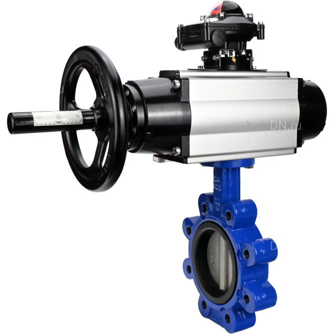Затвор дисковый поворотный WBV1631N-2W-Fb-H Ду125 Ру16 LUG корпус - чугун QT450, диск - нержавеющая сталь 304, уплотнение - NBR, с пневмоприводом PA-DA-105-1, пневмораспределителем 4M310-08 AC220V и БКВ APL-210N в Омске