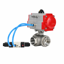 Кран шаровой BV3232P(4pc)-SP-3WL-T-ISO-H WDVF Ду40 Ру63 стандартнопроходной, 3-ходовой L-тип, внутренняя резьба, корпус - нержавеющая сталь AISI 316, уплотнение - PTFE, с пневмоприводом PA-SA-130 и пневмораспределителем 4V320-08 AC220V