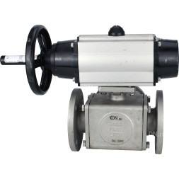 Кран шаровой BV3232P(4pc)-FP-3WL-F Ду100 Ру16 полнопроходной трехходовой, фланцевый, корпус - нержавеющая сталь SS316, с пневмоприводом PA-DA-105-1 двойного действия