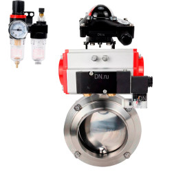 Затвор дисковый поворотный WBV3131E-2W-W-H Ду20 Ру10 под приварку, пищевая нержавеющая сталь 304, уплотнение – EPDM, с пневмоприводом PA-DA-052, пневмораспределителем 4M310-08 DC24V, БКВ APL-210N и БПВ AFC2000