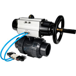 Кран шаровой BV4242E-FP-GRM-ISO Дн40 Ру10 полнопроходной, корпус - НПВХ, шар - НПВХ, уплотнение - EPDM, с пневмоприводом PA-DA-105-1 и пневмораспределителем 4V320-10 AC220V