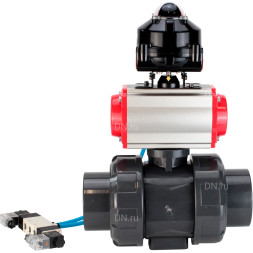 Кран шаровой BV4242E-FP-GRM-ISO Дн65 Ру10 полнопроходной, корпус - НПВХ, шар - НПВХ, уплотнение - EPDM, с пневмоприводом PA-DA-065, пневмораспределителем 4V320-10 AC220V и БКВ APL-510N EX