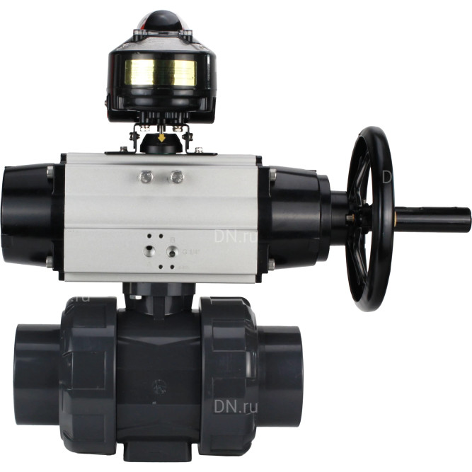 Кран шаровой BV4242E-FP-GRM-ISO Дн80 Ру10 полнопроходной, корпус - НПВХ, шар - НПВХ, уплотнение - EPDM, с пневмоприводом PA-DA-105-1 и БКВ APL-510N EX в Омске