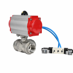 Кран шаровой BV3232P(4pc)-SP-3WL-T-ISO-H WDVF Ду65 Ру40 стандартнопроходной, 3-ходовой L-тип, внутренняя резьба, корпус - нержавеющая сталь AISI 316, уплотнение - PTFE, с пневмоприводом PA-SA-140 и пневмораспределителем 4V320-08 AC220V