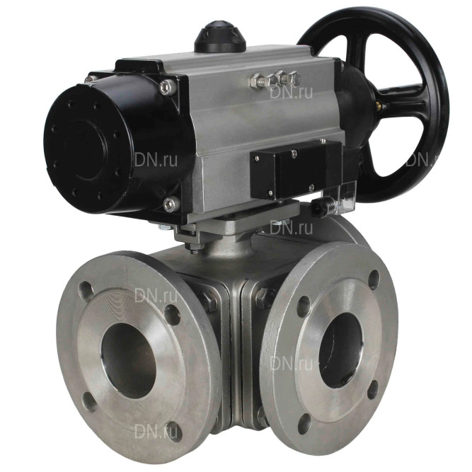 Кран шаровой BV3232P(4pc)-FP-3WL-F Ду100 Ру16 полнопроходной трехходовой, фланцевый, корпус - нержавеющая сталь SS316, с пневмоприводом PA-DA-105-1 двойного действия и пневмораспределителем 4M310-08 AC220V в Омске